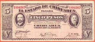 Mexico Chiuahua Estate 5 Pesos 1914 Mexican Revolution photo
