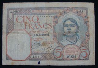 Algeria 5 Francs 1929,  Pick 77a photo