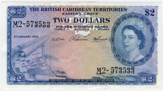 British Caribbean Terr.  1959 Qn.  Elizabeth Ii 2 Dollars Very Crisp Au.  Pick 8b. photo