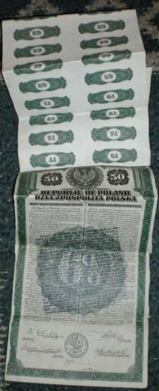 1920 Republic Of Poland 20 Year $50 Gold Bond American Bank Note Co 38 Coupons photo