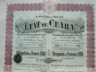 Brazil 5 Gold Oro Bond 500 Francs Etat De Ceara 1910 Uncancelled,  Coupons photo