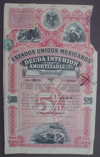 Mexico 5 Bond 20 £ Deuda Interior Amortizable Letra A 1895 Uncancelled Coupons photo
