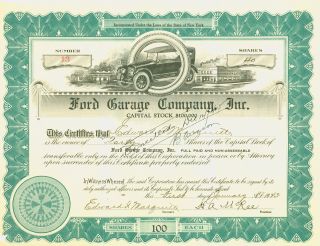1925 Green Stock Certificate - Ford Garage Company,  Inc. photo