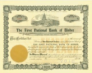 Vintage Stock Certificate - The First National Bank Of Bisbee Territory Of Arizona photo
