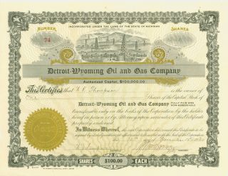 1920 Stock Certificate - Detroit - Wyoming Oil And Gas Company photo