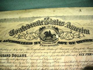 Confederate $1000 6 Per Annum Bond Coupons Certificate photo