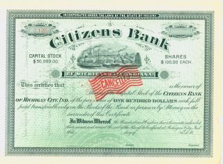 Vintage Stock Certificate - Citizens Bank Of Michigan City,  Ind. photo