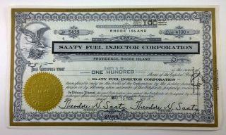 Saaty Fuel Injector Corporation,  Stock Certificate,  Rhode Island,  1956 photo