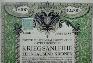 3th Austrian Government 5 1/2 War Loan 10000 Crowns Vienna 1915 Uncanc,  Coupons photo