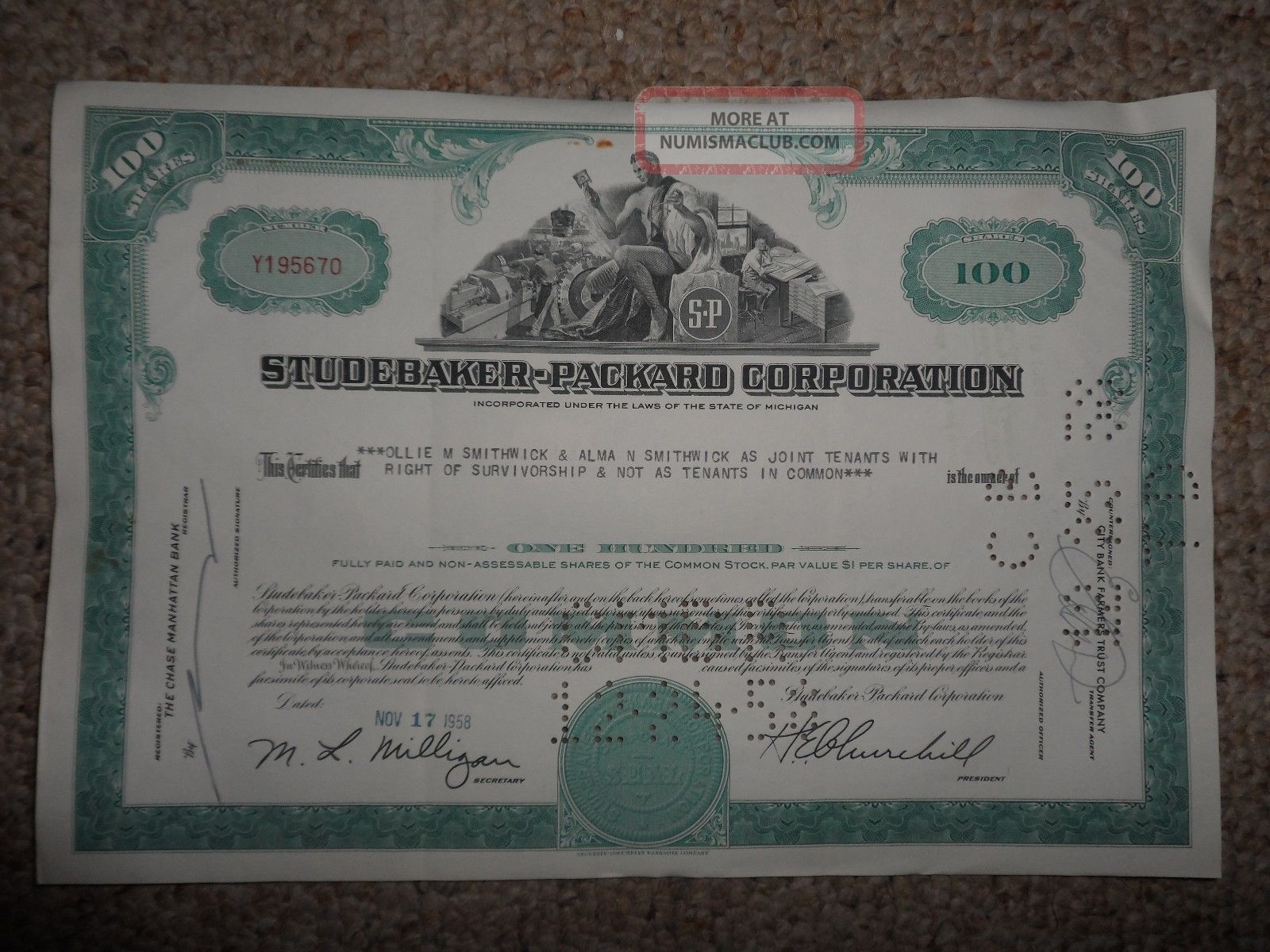 1958 Studebaker Packard Corp Automobile Car Stock Certificate 100 Share ...