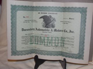 Vintage 1921 Duesenberg Automobile & Motors Co.  Inc.  Stock Certiicate 1 Shares photo