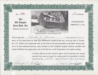 Old Newgate Coon Club,  Inc.  Stock Certificate 1947 Hartland Hollow,  Connecticut photo