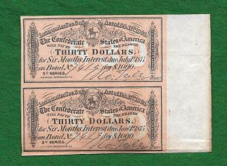 1877 & 1875 Us Confederate $30 Dollars Bond War Currency Money Uncut photo