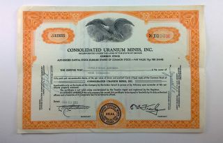 Consolidated Uranium Mines,  Inc. ,  1000 Share Stock Certificate,  Nevada photo