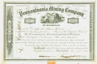 1861 Pennsylvania Mining Company Of Michigan Stock Certificate photo