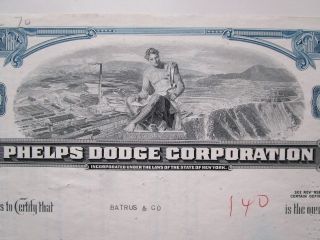 Vintage 1965 Phelps Dodge Stock Certificate.  Strip Mine Vignette.  Mining 1960s photo