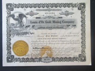 Stock Certificate 500 Shares Louis D ' Or Gold Mining Co Arizona 1912,  Crisp Paper photo