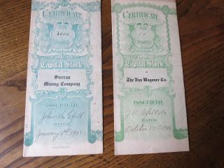 Two 1906 - 07 Capital Stock Certificate Sierran Mining Co Az,  Van Wagoner Co.  Mi. photo