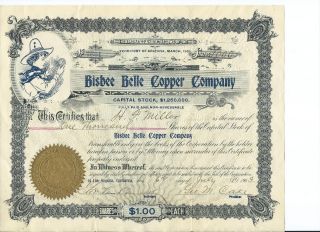 1903 Bisbee Belle Copper Company - Arizona Territory - 1,  000 Shares photo