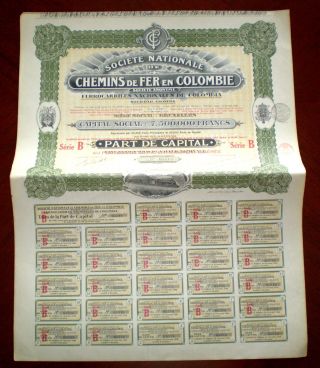 Colombia,  Chemins De Fer En Colombie,  Share Certificate 1923,  Fine photo