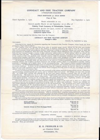 Prospectus,  Conneaut & Erie Traction Co. ,  Re Tax Bond Issue,  1902 W/map photo