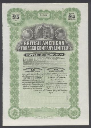 United States 1900s Uncirculated Ornate Bond British - American Tobacco Co.  R3332 photo