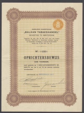 Netherlands 1917 Bond With Coupons Balkan Tabaks Handel Amsterdam. .  R4016 photo
