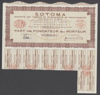 Madagascar 1949 Tobacco Bond With Coupons Sotoma Tabacs Et Oleagineux.  R3345 photo
