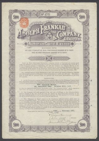 Gb England 1921 Ornate Bond Certificate Adolph Frankau Co - Tabac Tobacco.  R4046 photo