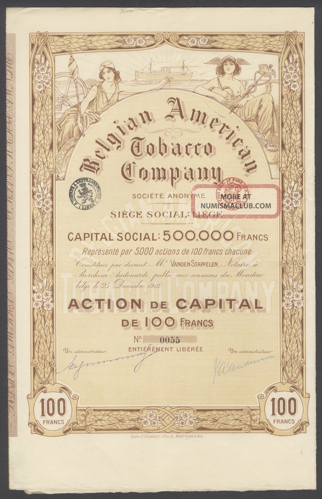 Belgium 1912 Illustrated Bond With Coupons Belgian American Tobaccco Co.  R4037 World photo