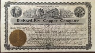 1907 Rickard - Ely Copper Company,  100 Shares,  Phoenix Arizona & Goldfield Nevada photo