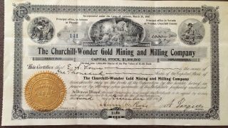 1907 Churchill Wonder Gold Mining & Milling Co.  $1,  000 Shares,  Arizona & Nevada photo
