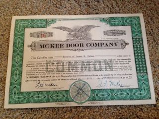 Mckee Door Company Common Stock Certificate,  Aurora,  Il,  Issued 1959 photo