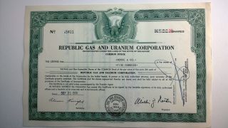Republic Gas And Uranium Corporation,  Stock Certificate,  1956,  Delaware photo
