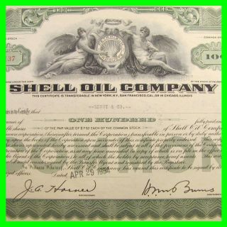 Shell Oil Company Stock Certificate Green 100 Shares April 29,  1954 N6137 16 photo