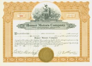 1915 Auto Stock Certificate - Homer Motors Company - Arizona photo