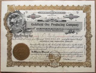 1905 Stock Certificate - Goldfield Ore Producing Co (nevada Mining) Vignette photo