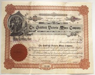 1906 Stock Certificate - The Goldfield Victoria Mines Co,  Nevada Mining Vignette photo