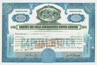 1953 Stock Certificate - Calumet And Hecla Consolidated Copper Company,  Blue photo