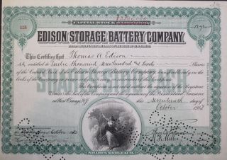 Thomas A Edison Signed Edison Storage Battery Company Stock Certificate 1913 photo