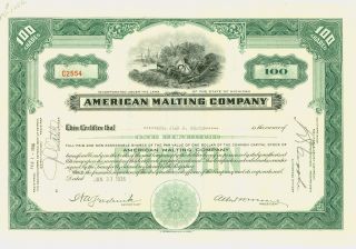 1936 Green Stock Certificate - American Malting Company photo