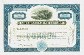 1936 Blue Stock Certificate - American Malting Company photo
