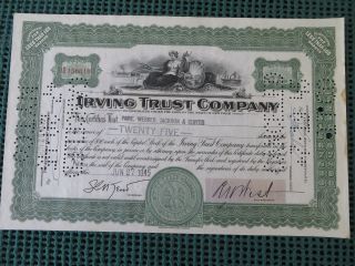 Irving Trust Company Stock Certificate York 25 Shares photo