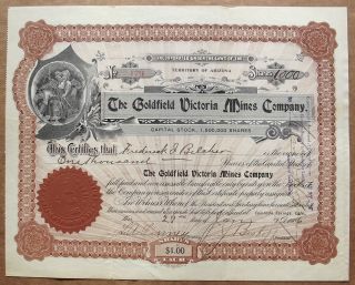 1906 Stock Certificate - The Goldfield Victoria Mines Co,  Nevada Mining photo
