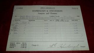 1907 Harbaugh & Stevenson Assayers & Chemists - Assay Certificate Goldfield 03 photo