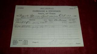 1907 Harbaugh & Stevenson Assayers & Chemists - Assay Certificate Goldfield 08 photo