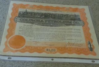 Vintage 1920 Columbia Petroleum Co.  Stock Certificate Houston,  Tx photo