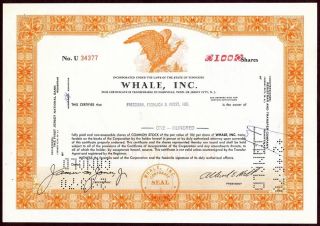 Whale Incorporated 100 Share Common Stock Certificate 1969 U 34377 photo