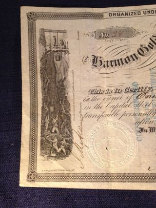 Antique Harmon Gold And Silver Mining Stock Certificate York 1866 photo
