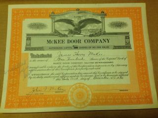 Mckee Door Company Stock Certificate,  Aurora,  Il,  Issued 1930,  First Issue photo
